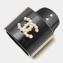 Chanel CC Black Resin Faux Pearls Embedded Asymmetric Cuff Bracelet
