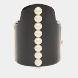 Chanel CC Black Resin Faux Pearls Embedded Asymmetric Cuff Bracelet