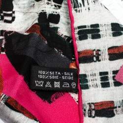 Pre Owned Chanel Black & Pink Tweed Print Silk Scarf 