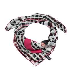 Pre Owned Chanel Black & Pink Tweed Print Silk Scarf 