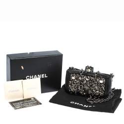 Pre Owned Chanel Black Leather Embellished Phone Holder Chain Clutch