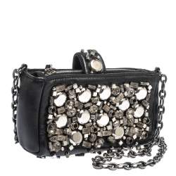 Pre Owned Chanel Black Leather Embellished Phone Holder Chain Clutch