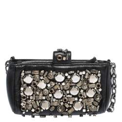 Pre Owned Chanel Black Leather Embellished Phone Holder Chain Clutch