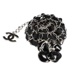 Chanel Camellia Black Enamel Grosgrain Silver Tone Chain Link Belt Chanel