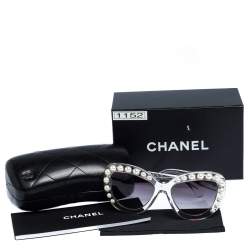 Pre Owned Chanel Clear/Black Gradient 71096 Pearl Cateye Sunglasses  
