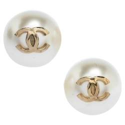 Pre Owned Chanel CC Faux Pearl Oversized Gold Tone Stud Earrings