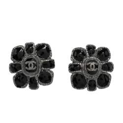 Chanel CC Black Enamel Aged Silver Tone Stud Earrings Chanel