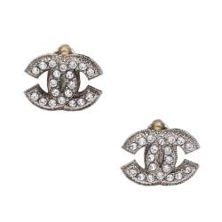 Pre Owned Chanel Silver Tone Crystal CC Clip-On Stud Earrings