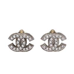 Pre Owned Chanel Silver Tone Crystal CC Clip-On Stud Earrings