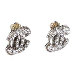 Pre Owned Chanel Silver Tone Crystal CC Clip-On Stud Earrings