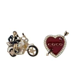 Chanel Red Coco Heart and Rider Lapel Pin Set of 2 Chanel