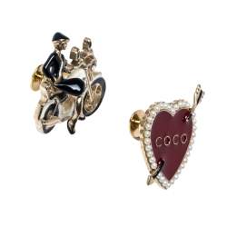 Chanel Red Coco Heart and Rider Lapel Pin Set of 2