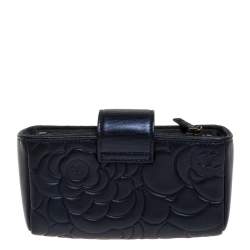 Pre Owned Chanel Metallic Navy Blue Camellia Embossed Leather Phone Pouch