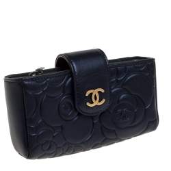 Pre Owned Chanel Metallic Navy Blue Camellia Embossed Leather Phone Pouch