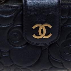 Pre Owned Chanel Metallic Navy Blue Camellia Embossed Leather Phone Pouch