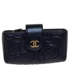 Pre Owned Chanel Metallic Navy Blue Camellia Embossed Leather Phone Pouch