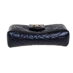 Pre Owned Chanel Metallic Navy Blue Camellia Embossed Leather Phone Pouch