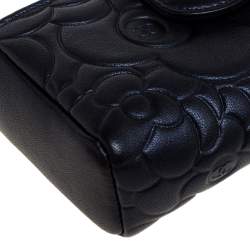Pre Owned Chanel Metallic Navy Blue Camellia Embossed Leather Phone Pouch