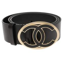 Pre Owned Chanel Black Leather CC Logo Buckle Belt 95 CM