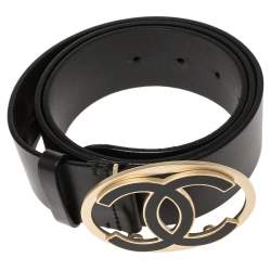 Pre Owned Chanel Black Leather CC Logo Buckle Belt 95 CM