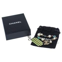 Pre Owned Chanel CC Logo Faux Pearl Resin Gold Tone Bracelet
