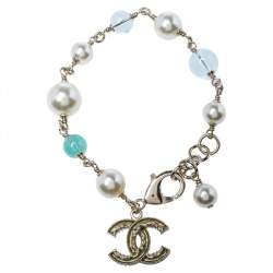 Pre Owned Chanel CC Logo Faux Pearl Resin Gold Tone Bracelet