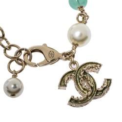 Pre Owned Chanel CC Logo Faux Pearl Resin Gold Tone Bracelet