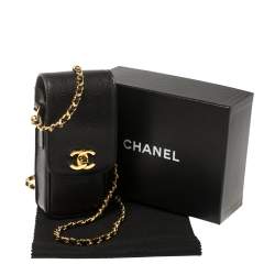 Pre Owned Chanel Black Caviar Leather Vintage CC Chain Phone Holder