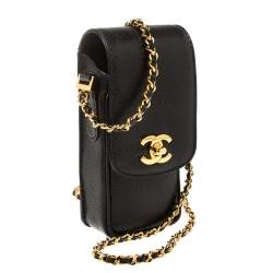 Pre Owned Chanel Black Caviar Leather Vintage CC Chain Phone Holder