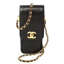 Pre Owned Chanel Black Caviar Leather Vintage CC Chain Phone Holder