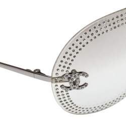 Pre Owned Chanel Silver/Clear 4049B Crystal Embellished Aviator Sunglasses