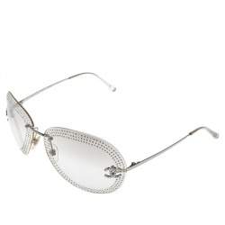 Pre Owned Chanel Silver/Clear 4049B Crystal Embellished Aviator Sunglasses