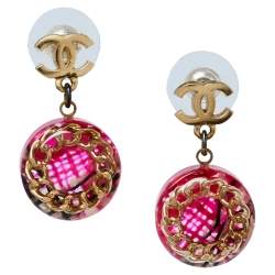 مملوكة مسبقًا Chanel Pink Tweed Inlay Round CC Drop Earrings