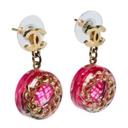 مملوكة مسبقًا Chanel Pink Tweed Inlay Round CC Drop Earrings