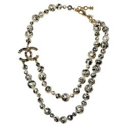Chanel CC Paint Splatter Faux Pearl Gold Tone Layered Necklace Chanel
