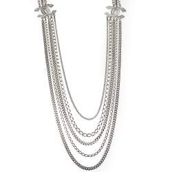 Pre Owned Chanel Silver Tone Multi Chain Strand CC Crystal Station Necklace