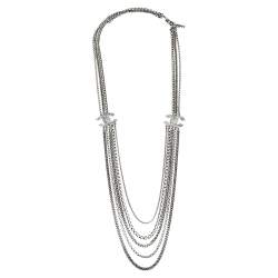 Pre Owned Chanel Silver Tone Multi Chain Strand CC Crystal Station Necklace
