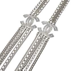 Pre Owned Chanel Silver Tone Multi Chain Strand CC Crystal Station Necklace