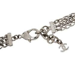Pre Owned Chanel Silver Tone Multi Chain Strand CC Crystal Station Necklace