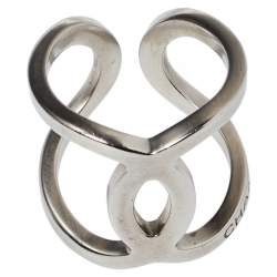 مملوكة مسبقًا Chanel Brushed Silver Tone CC Open Cuff Ring Size EU 53