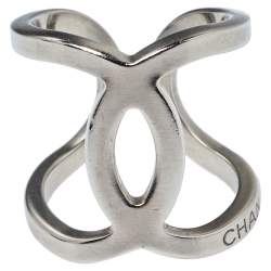 مملوكة مسبقًا Chanel Brushed Silver Tone CC Open Cuff Ring Size EU 53