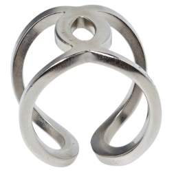 مملوكة مسبقًا Chanel Brushed Silver Tone CC Open Cuff Ring Size EU 53