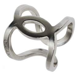 مملوكة مسبقًا Chanel Brushed Silver Tone CC Open Cuff Ring Size EU 53
