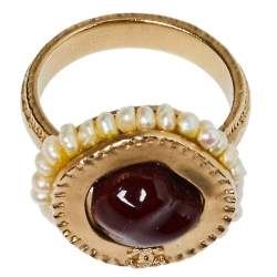 Pre Owned Chanel Dark Red Stone Cocktail Ring Size EU 52