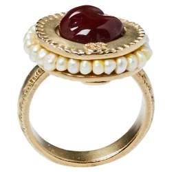 Pre Owned Chanel Dark Red Stone Cocktail Ring Size EU 52