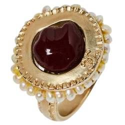 Pre Owned Chanel Dark Red Stone Cocktail Ring Size EU 52