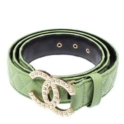 Pre Owned Chanel Mint Green Quilted Leather CC Pearl Belt 85CM