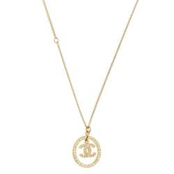 Chanel Gold Tone Crystal CC Circle Pendant Necklace Chanel