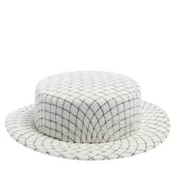 Chanel White Fantasy Tweed Boater Hat L Chanel