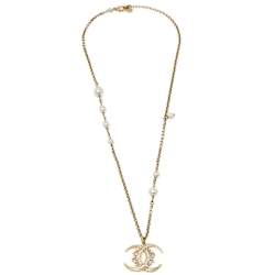 Chanel Pale Gold Tone Faux Pearl Crescent Moon Logo Pendant Necklace 